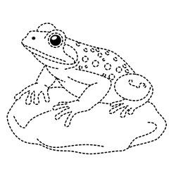 Naklejka premium Crouching frog isolated in dotted outline vector illustration with large eyes.