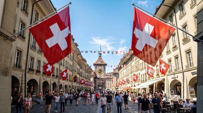 Two large swiss flags waving on poles over a historic cobblestone street in bern with the zytglogge clock tower in the background and pedestrians walking under sunny blue skies