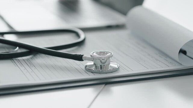 Medical doctor office desk with organized reports and diagnostic tools