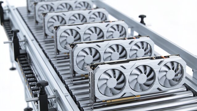 A row of white graphics cards moving along an industrial conveyor belt in a manufacturing facility.