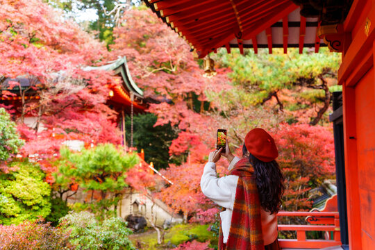 Solo female tourist taking a photo of beautiful scenic view and vibrant autumn foliage at Japanese temple in Kyoto