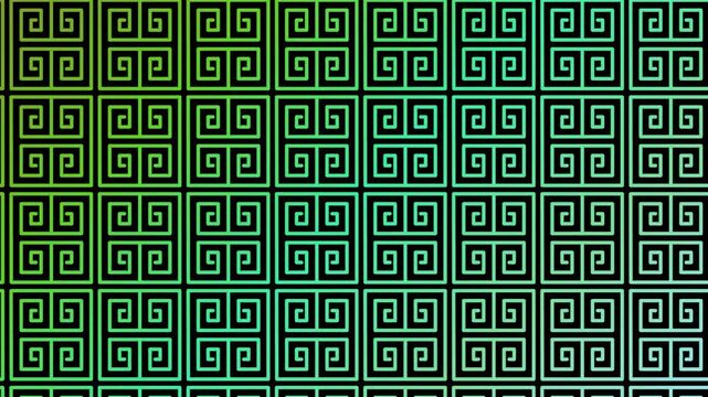 Seamless looping animation of a geometric Greek key pattern in green and blue gradient on black, abstract motion graphics.