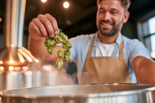 Brewer adding fresh hops into steaming kettle during beer making process