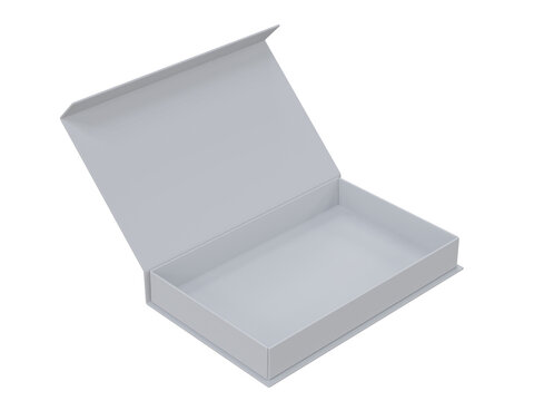 3D Blank rigid gift box mockup with open magnetic lid isolated on a background. Premium packaging template for luxury branding, product presentation, print design, retail packaging and marketing.