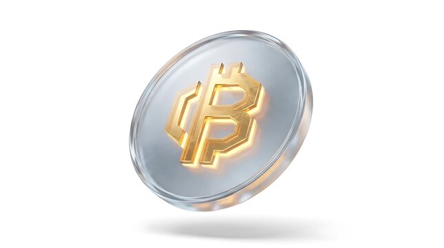 Transparent glass bitcoin coin with golden symbol.