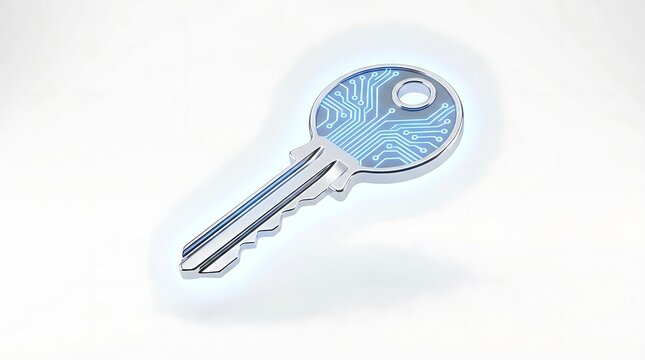 Silver key with integrated blue circuit board.