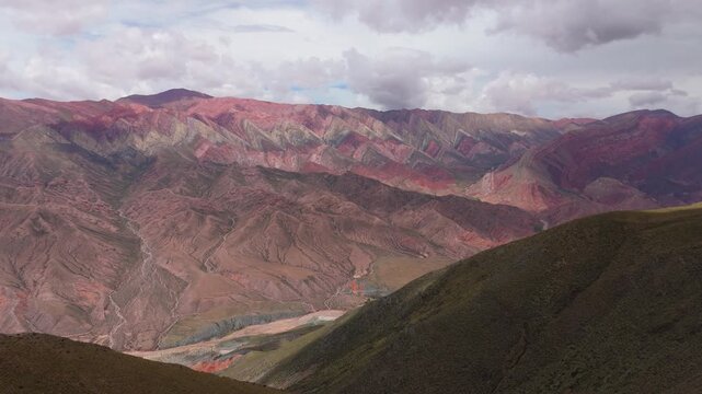 Drone panorama establishing of Serranias del Hornocal colorful mountain landscape, aerial