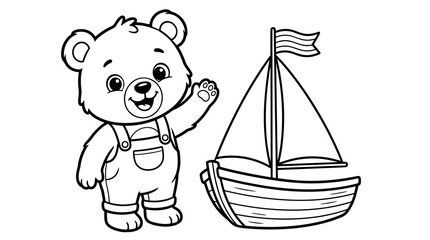 Cute Baby Bear in Overalls Waving Hello Next to a Sailboat, Black and White Line Art Illustration for Coloring Pages, Simple Flat Design © Riski
