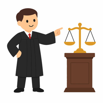 Friendly Cartoon Judge Pointing Toward Balanced Justice Scales on Pedestal, Simple Flat Vector Legal Character Isolated on White Background