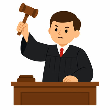 Serious Cartoon Judge Raising Wooden Gavel Behind Courtroom Bench, Simple Justice Character Flat Vector Illustration Isolated on White Background