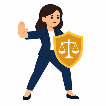 Strong Cartoon Justice Advocate Holding Golden Shield With Balanced Scales and Stop Gesture, Simple Flat Vector Character Isolated on White