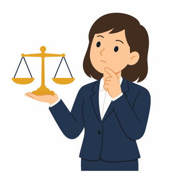 Thoughtful Cartoon Lawyer Holding Balanced Golden Justice Scales, Simple Legal Decision and Fairness Character Flat Vector Isolated on White