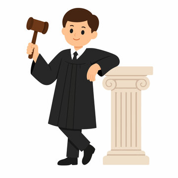 Friendly Cartoon Judge Holding Wooden Gavel Beside Classical Courthouse Column, Simple Legal Character Flat Vector Illustration Isolated on White