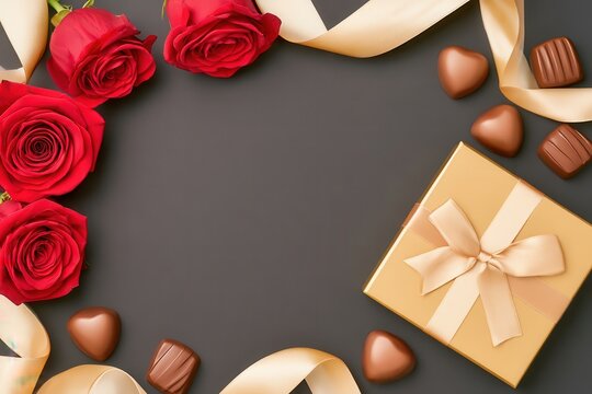 Red roses gold gift box chocolates on dark surface flat lay luxury design