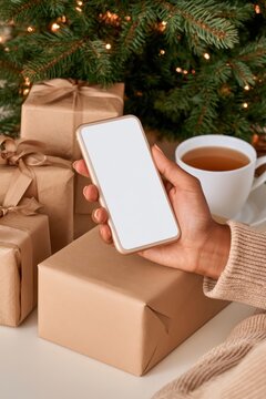 Hand holding smartphone mockup near wrapped gifts and Christmas tree with warm lights