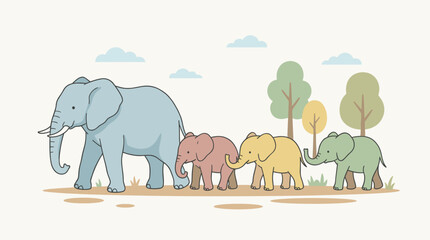 Flat Vector Illustration of a Family of Elephants Walking in a Line, Mother and Babies in Pastel Colors, with Trees and Clouds in the Background, Simple Graphic Style © Riski