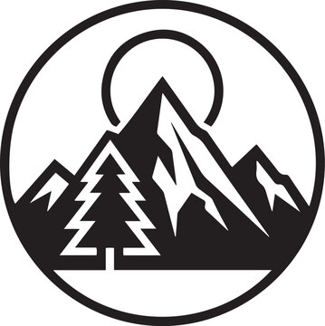 Mountain and pine tree logo icon. Minimalist nature emblem for outdoor adventure branding.