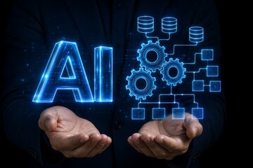 Obraz premium Hands holding glowing artificial intelligence concept with gears and icons on dark background
