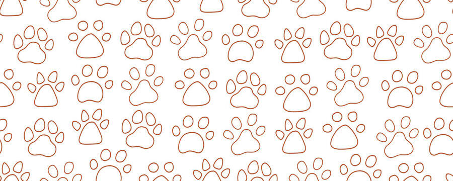 Outline Paw Dog Cat Seamless Pattern. Dog Pet Footprint Background. Puppy Paw Hand Wallpaper. Vector Animal Bg