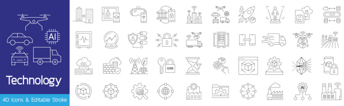 Modern technology icons set for artificial intelligence cloud computing smart delivery cyber security and digital innovation linear vector icons