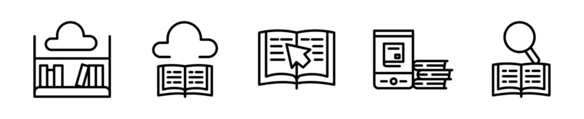 Set de 5 iconos de biblioteca digital con nube y libros. Vector outline © Alejandro