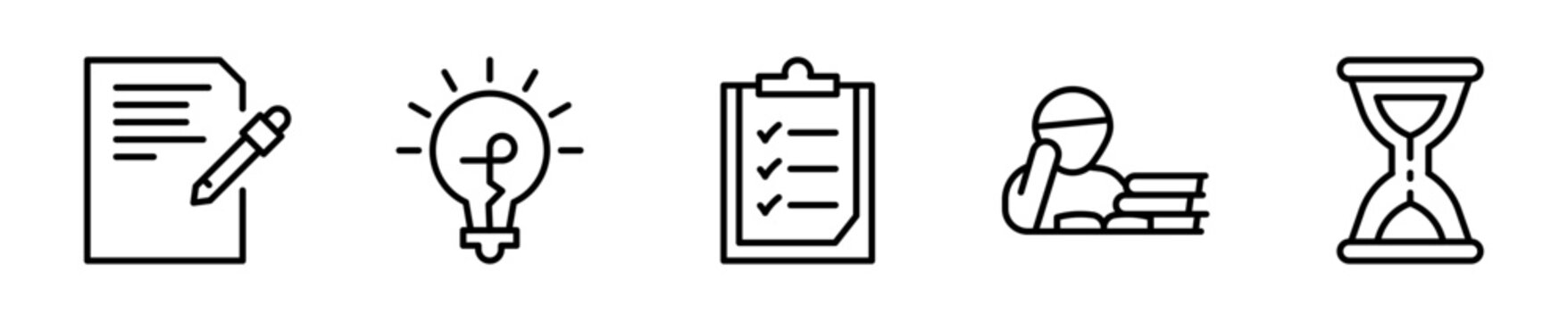 Set de 5 iconos de examen y estudio con hoja y reloj de arena. Vector outline