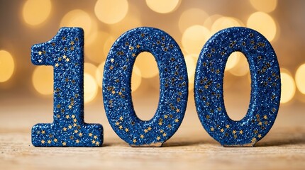 Obraz premium One hundred blue glittery numbers for celebration or milestone concepts with golden bokeh background.