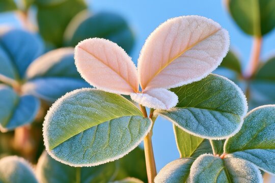 Frost crystals forming on green leaves in early morning light