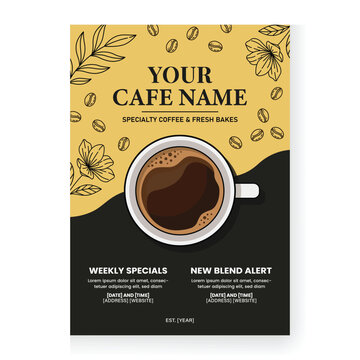 Coffee shop flyer template design with aromatic cup of coffee and hand drawn beans on textured background template beverage caffeine breakfast specialty restaurant promotion marketing