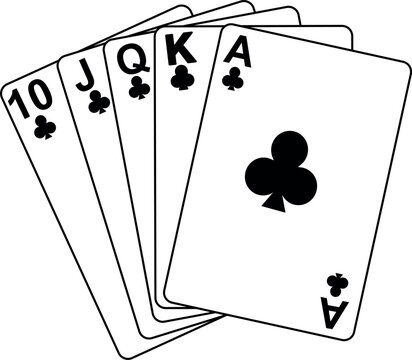 Royal flush playing cards vector set, black club suit poker hand concept, simple line art isolated on white background