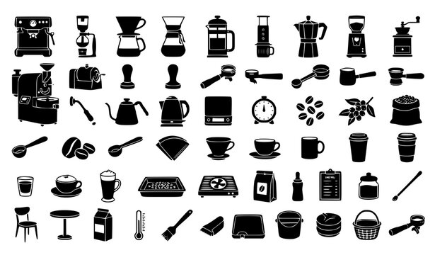 Black Coffee Brewing Equipment Silhouette Icons Caf&eacute; and Barista Vector Set
