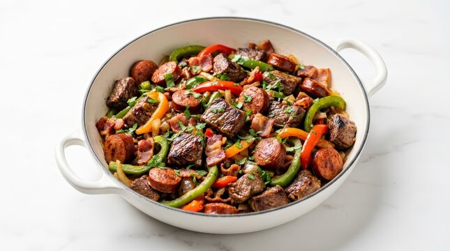 Delicious Discada Chihuahua mixed meat meal served in a ceramic pan for restaurant menus.