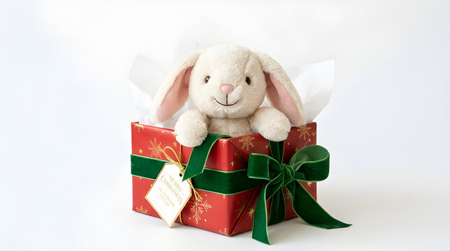 Tiny bunny peeking out of a festive gift box tied with a luxurious ribbon, adorable smile, plush toy appearance, isolated on white background.