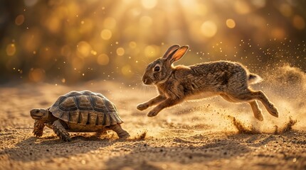Obraz premium Determination and contrast between speed and patience shown by a running rabbit and a walking tortoise.