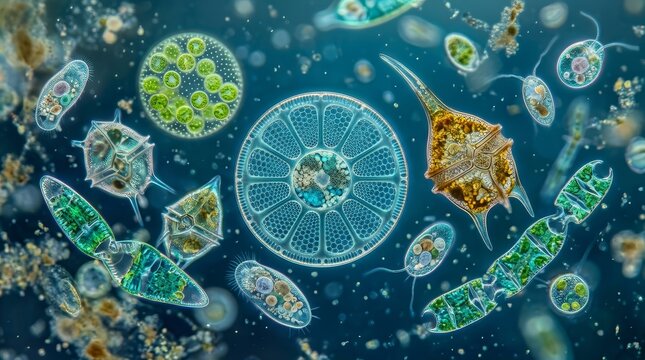 Scientific close-up view of colorful microscopic plankton floating in water with unique textures.