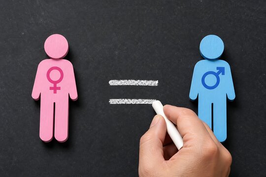 Hand drawing an equal sign between paper cutouts of male and female gender symbols
