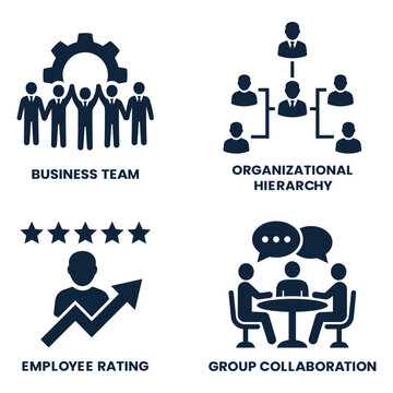 Business and corporate management icon set including team and hierarchy with business management hierarchy leadership collaboration corporate employee organization structure development