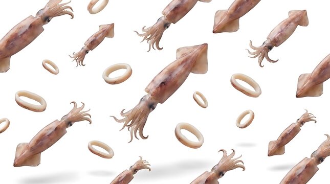 Floating whole squids and calamari rings pattern on white.