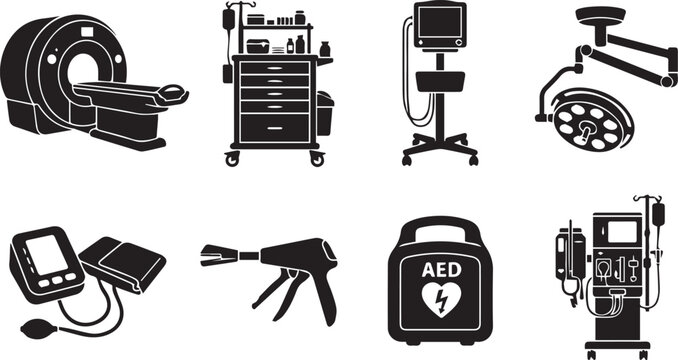 Black silhouettes of medical equipment including an mri scanner, surgical light, crash cart, pressure monitor, and aed defibrillator