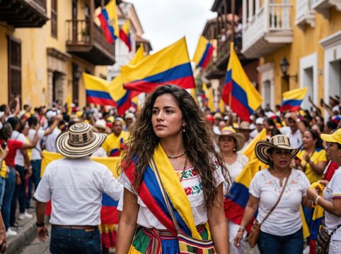 Young woman with long wavy hair wearing a white embroidered blouse and a colorful sash walks through a crowded street parade in colombia surrounded by people holding yellow blue and red national flags