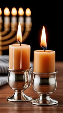 Closeup of two lit candles in menorah holders with blurred background menorah