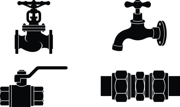 Black silhouette vector set of industrial plumbing pipe fittings water tap and isolation ball valves