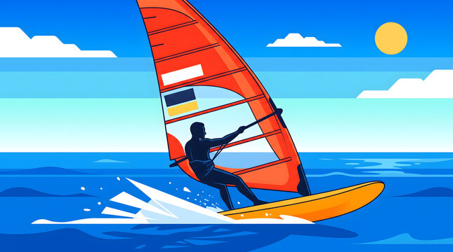 Modern Flat Design of Windsurfer Silhouette Riding Blue Ocean Waves under Sunny Sky