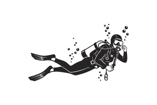 Woman scuba diver floating peacefully, crossed legs in neutral buoyancy, bubbles rising, full diving equipment, monochrome solid black artwork, isolated on white background, clean minimal composition