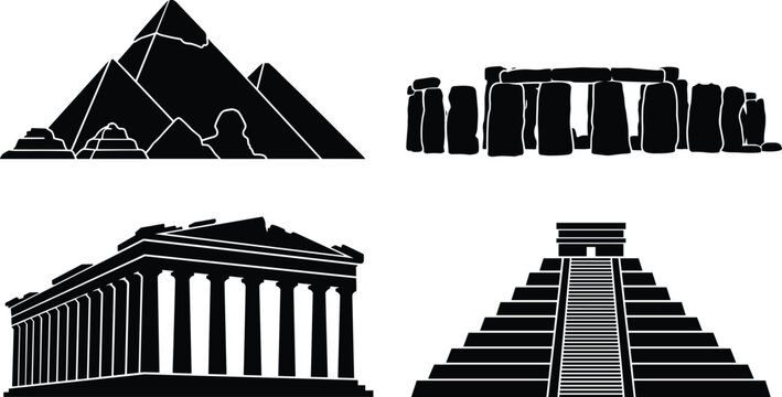 Black silhouette vector collection of famous ancient world landmarks featuring historic Egyptian pyramids, Stonehenge, and classical temples