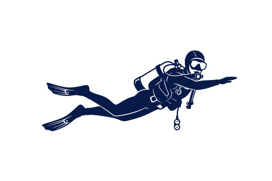 Male scuba diver swimming horizontally, extended arms, realistic diving posture, full scuba equipment with oxygen tank and fins, single-color solid illustration, isolated on white background, no gradi