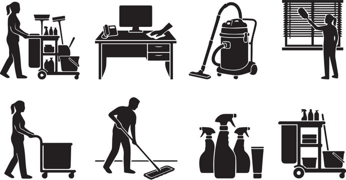 Office cleaning service silhouettes, including janitors with carts, vacuum cleaner, desk wiping, mop, and spray bottle
