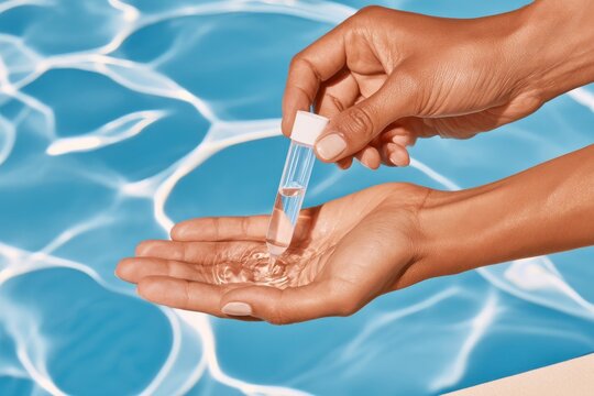 Hand testing pool water quality with test tube against blue water background