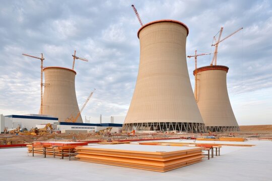 Cooling towers under construction at power station with cranes and industrial equipment