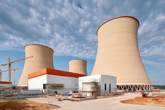 Cooling towers of power station under construction with cranes and scaffolding against cloudy sky
